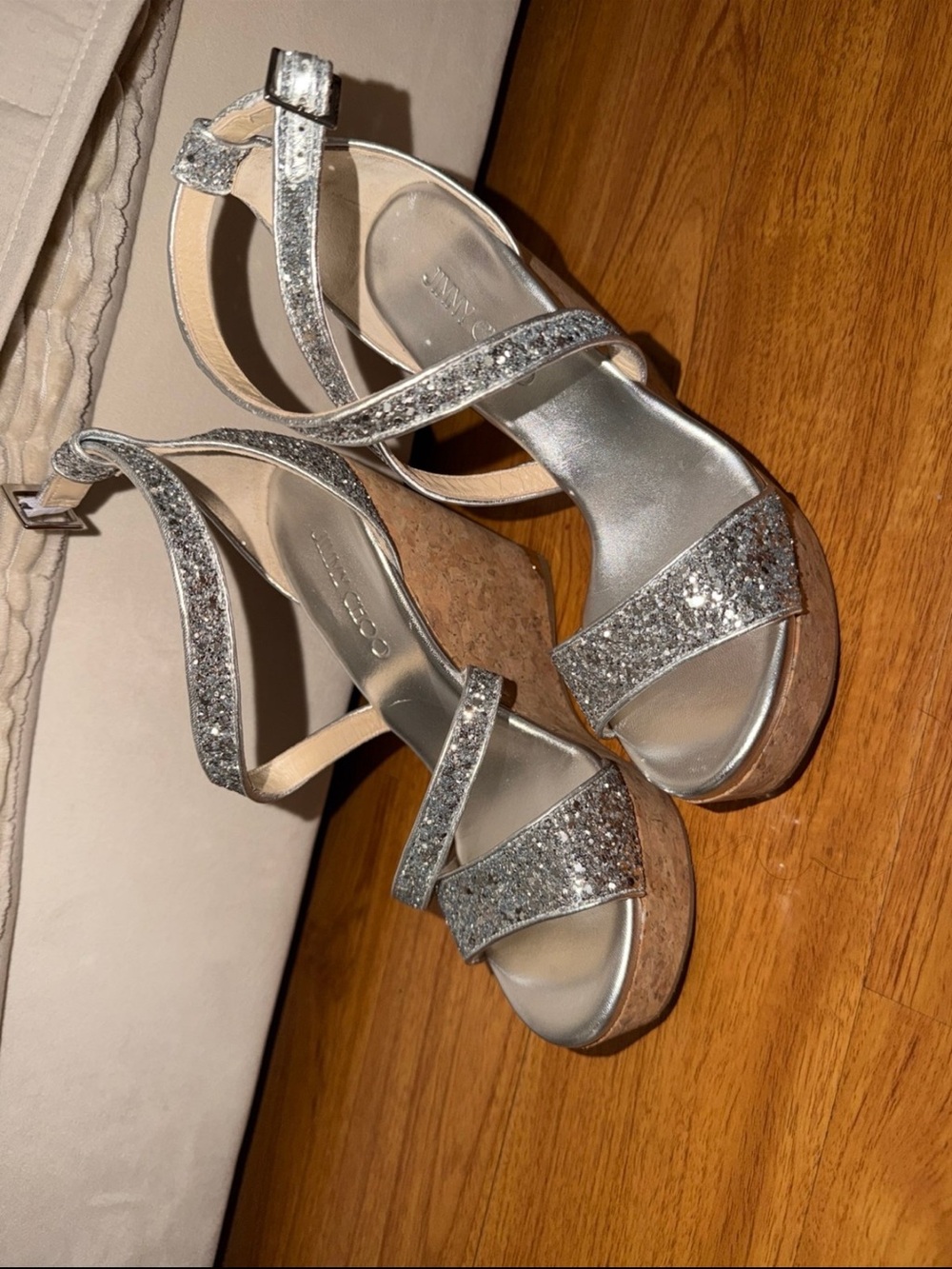 Jimmy Choo Silver Glitter Cork Wedge Sandals